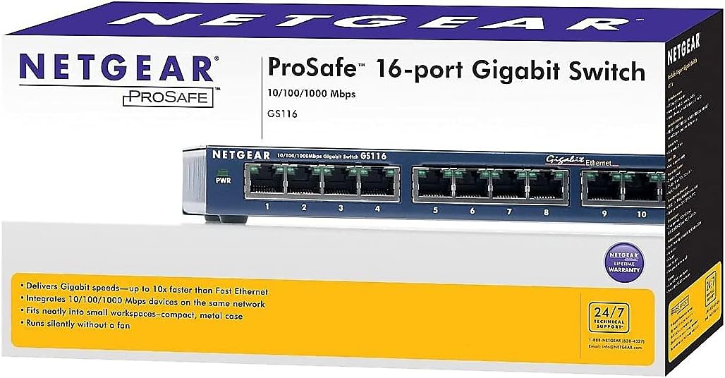 NETGEAR 16-Port Gigabit Ethernet Unmanaged Switch (GS116NA),PC/Wall Mount, Black (New)