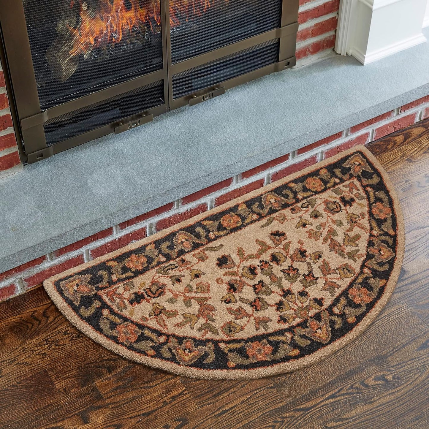 Uniflame Beige w/Black Hand Tufted 100% Wool Rug - Floor Heat & Spark Protection (Like New)