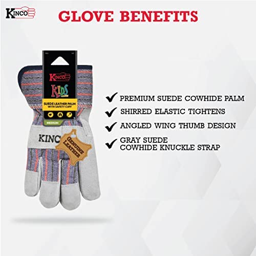 Kinco Kids' Suede Cowhide Palm w/ Safety Cuff, Gray Suede Cowhide, Small(1 Pack) (Like New)