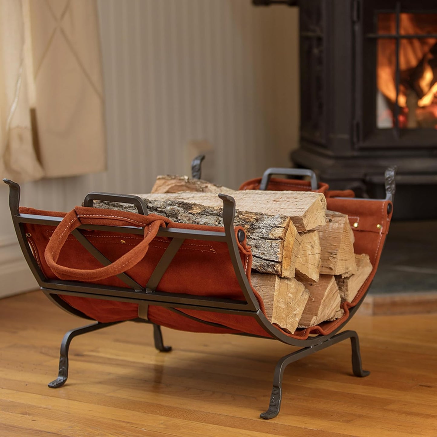 Uniflame W-1189 Olde World Iron Log Holder with Suede Leather Carrier - Red (New, Damaged Retail Box)