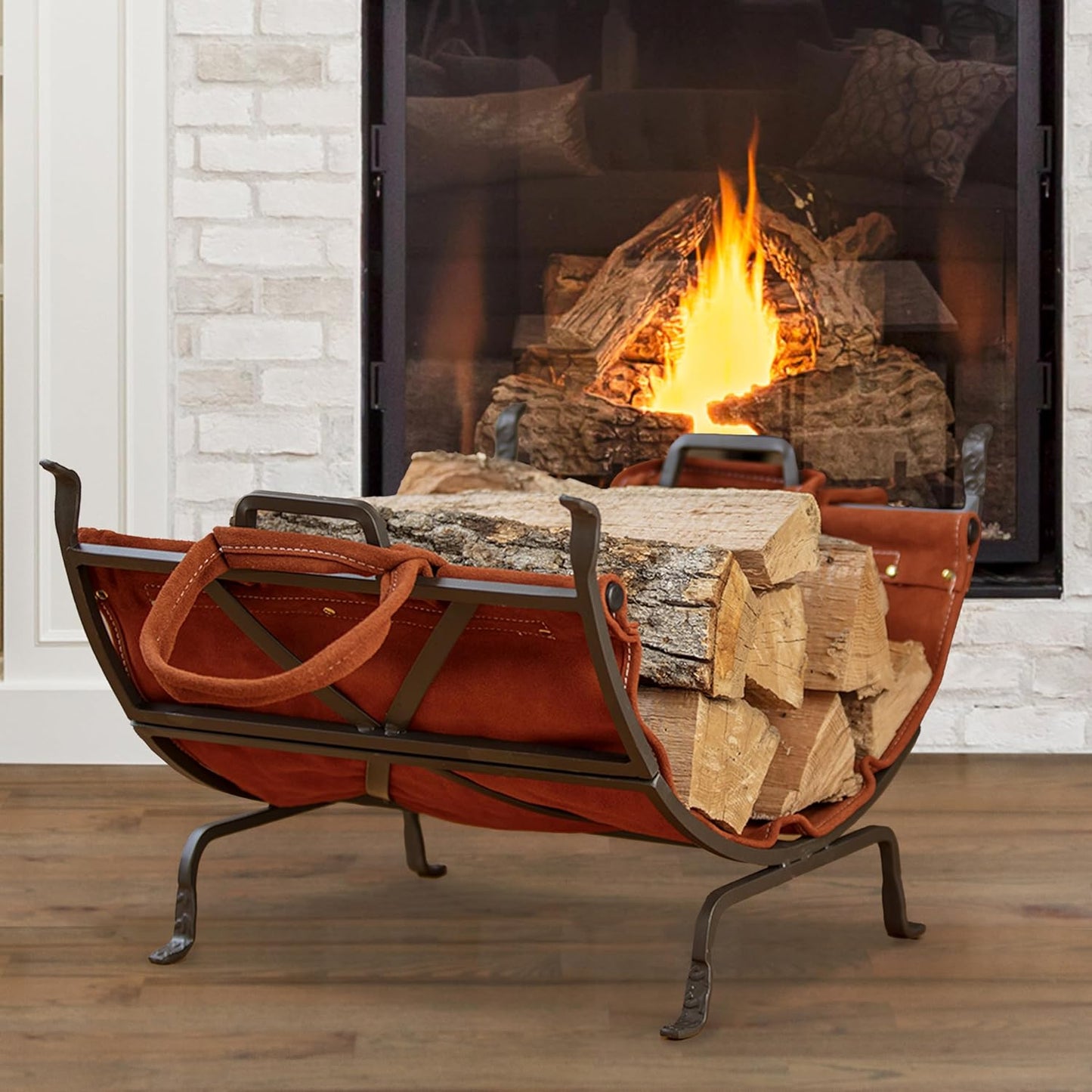 Uniflame W-1189 Olde World Iron Log Holder with Suede Leather Carrier - Red (New, Damaged Retail Box)