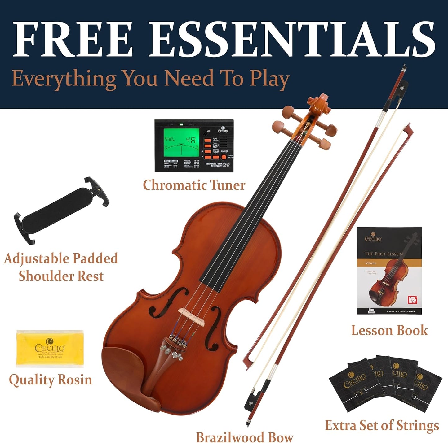 Cecilio Natural Varnish Violin for Beginners with Fiddle Kits, Size 1/4 - Nickel (Used)