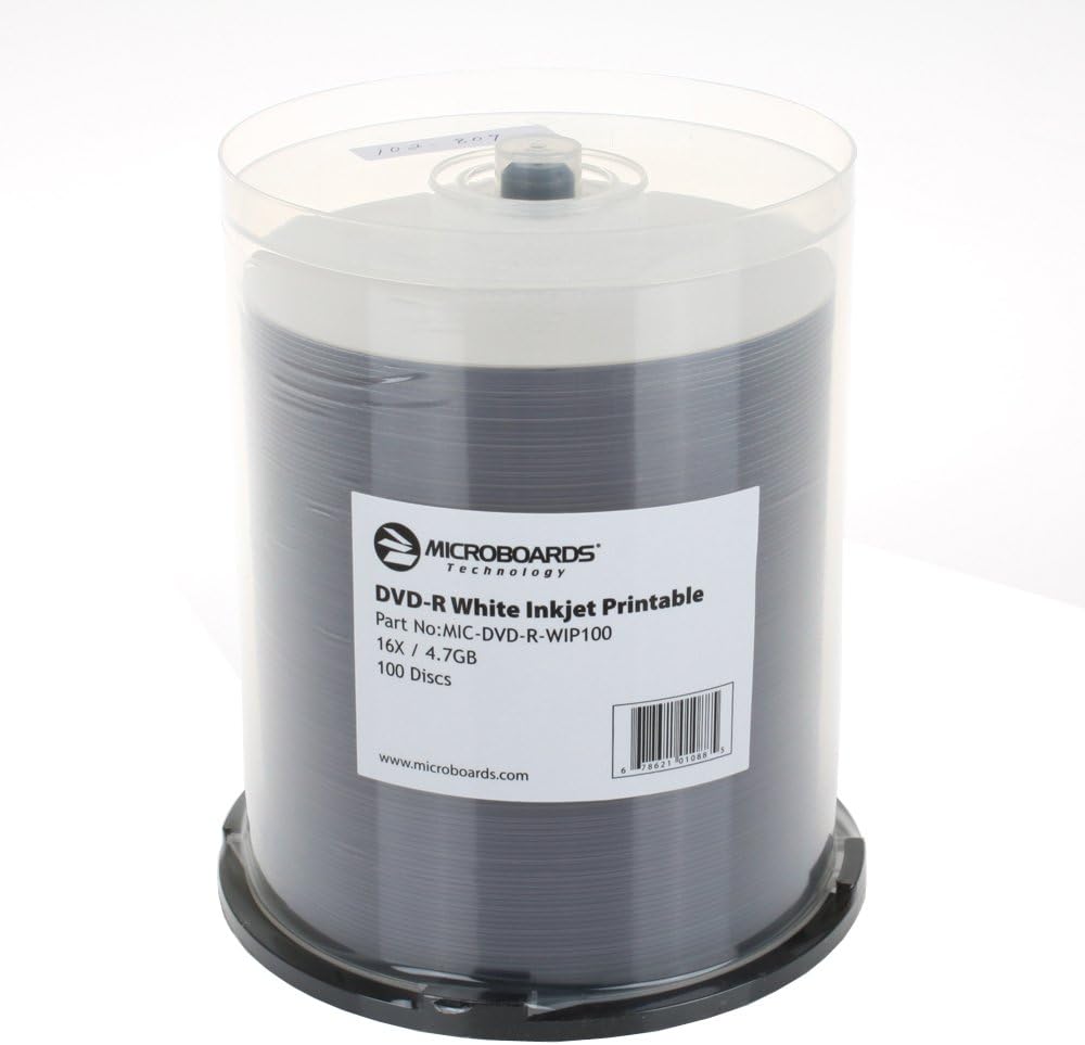 Microboards MIC-DVD-R-WIP100 Inkjet Hub Printable 4.7GB 16X DVD-R, 100 Pack (Like New)