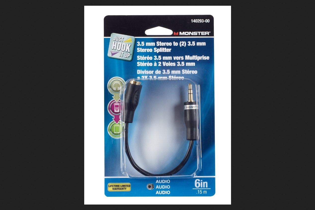 Vanco Monster 6 " Carded Cable Headphone Adapter For Laptop, DVD Player - Black (Like New)