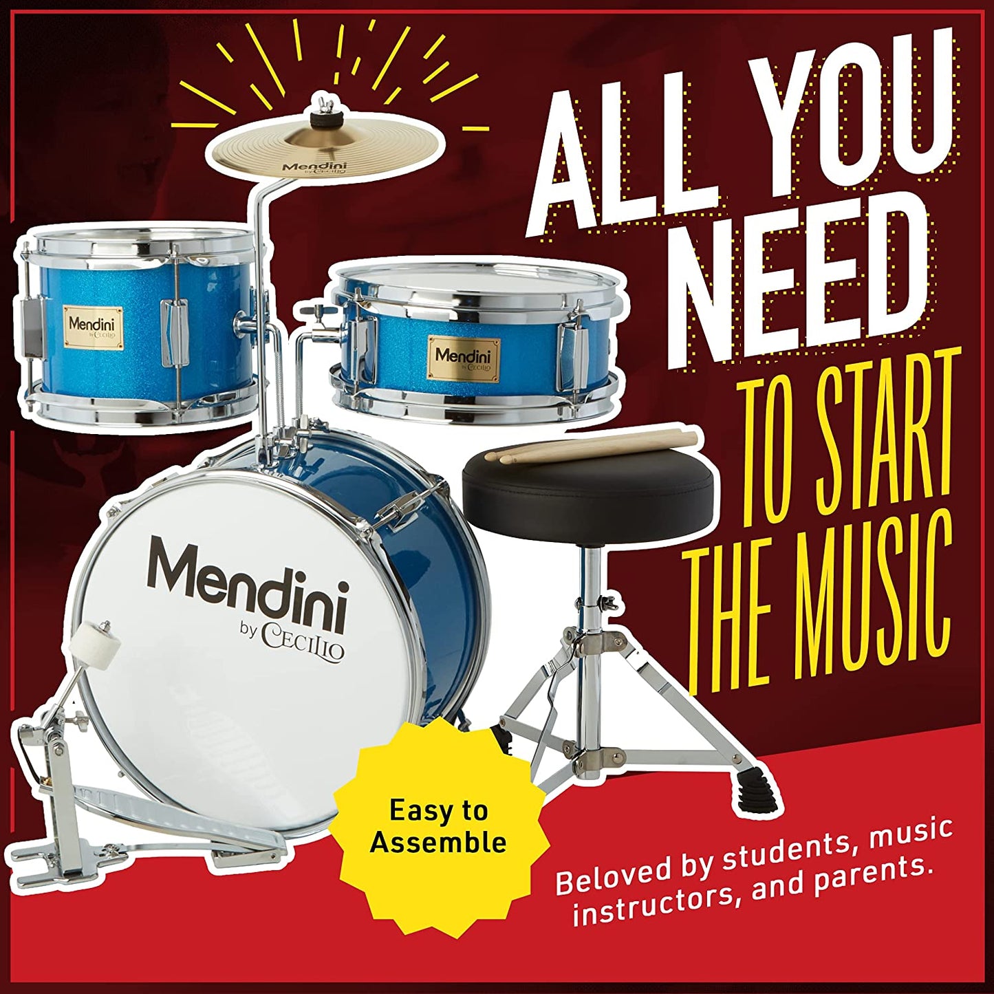 Mendini By Cecilio Junior Drum Set w/ 4 Drums, Sticks, Throne - Metallic Purple (Like New)