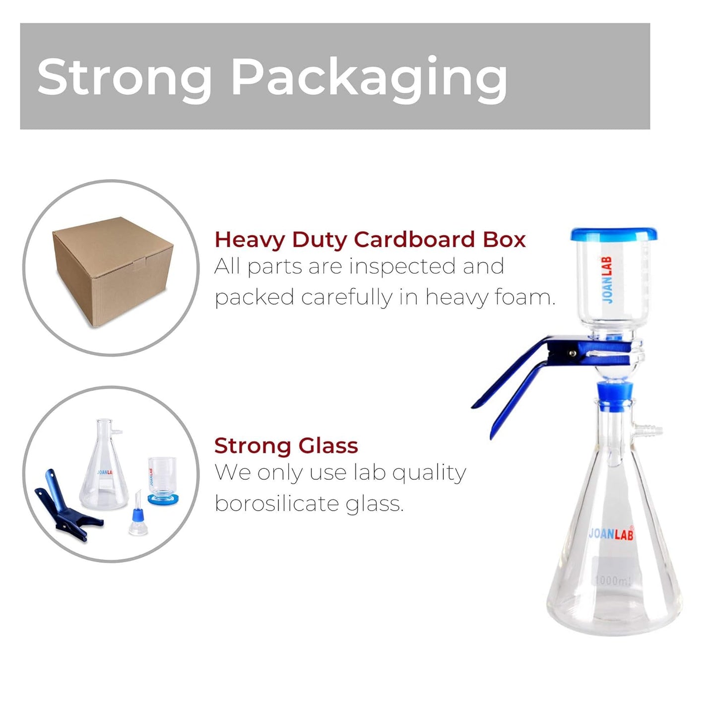 Joanlab 1000mL Round Bottom Vacuum Filtering Flask and 300mL Graduated Funnel (Used)