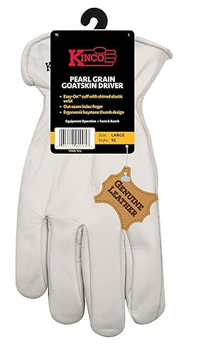 Kinco Grain Goatskin Leather Work Gloves, Keystone Thumb, Easy-On Cuff - White (Like New)