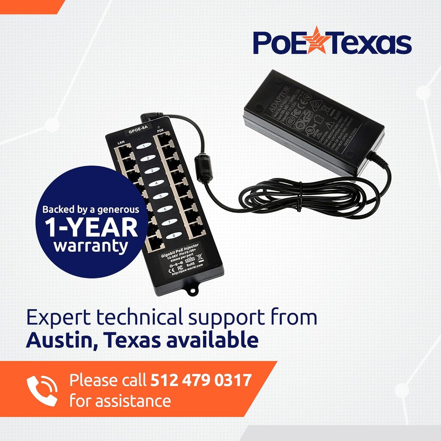 Poe Texas Gigabit Passive Power Over Ethernet Midspan 8 Port Network Switches (Used, No Retail Box)