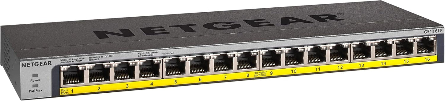 NETGEAR 16-Port PoE+ Gigabit Ethernet Switch for Desktop, 1 Amps, Silver/Black (Like New, No Retail Box)