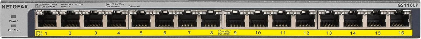 NETGEAR 16-Port PoE+ Gigabit Ethernet Switch for Desktop, 1 Amps, Silver/Black (Like New, No Retail Box)