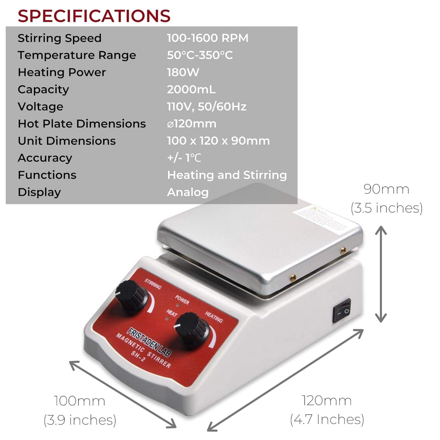 Fristaden Lab SH2 Magnetic Hot Plate Stirrer, 100-1600rpm, 2000mL (Like New)