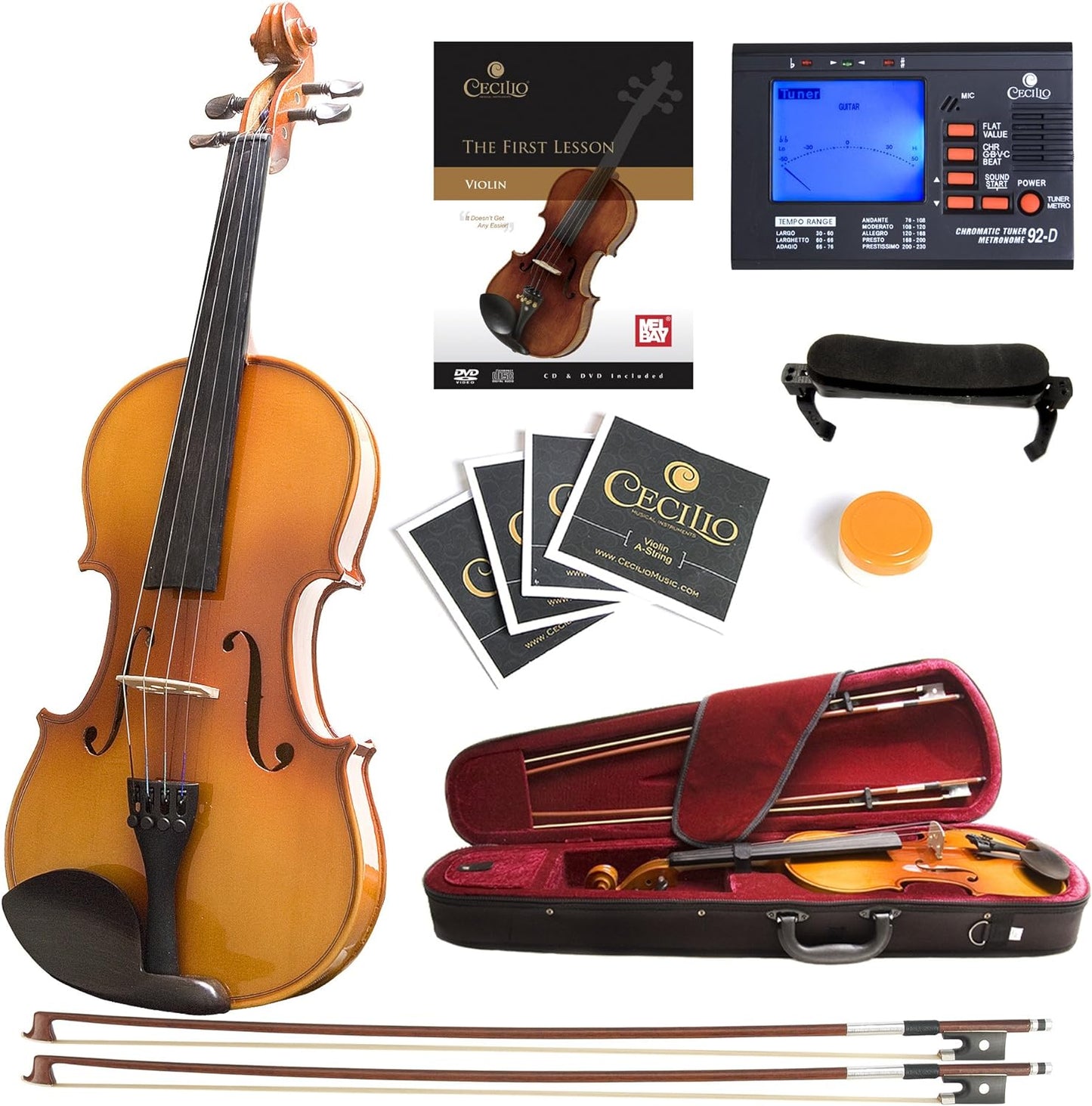 Mendini Acoustic Violin Instrument with Bow, Case & Tuner, 3/4 - Varnish (Used)