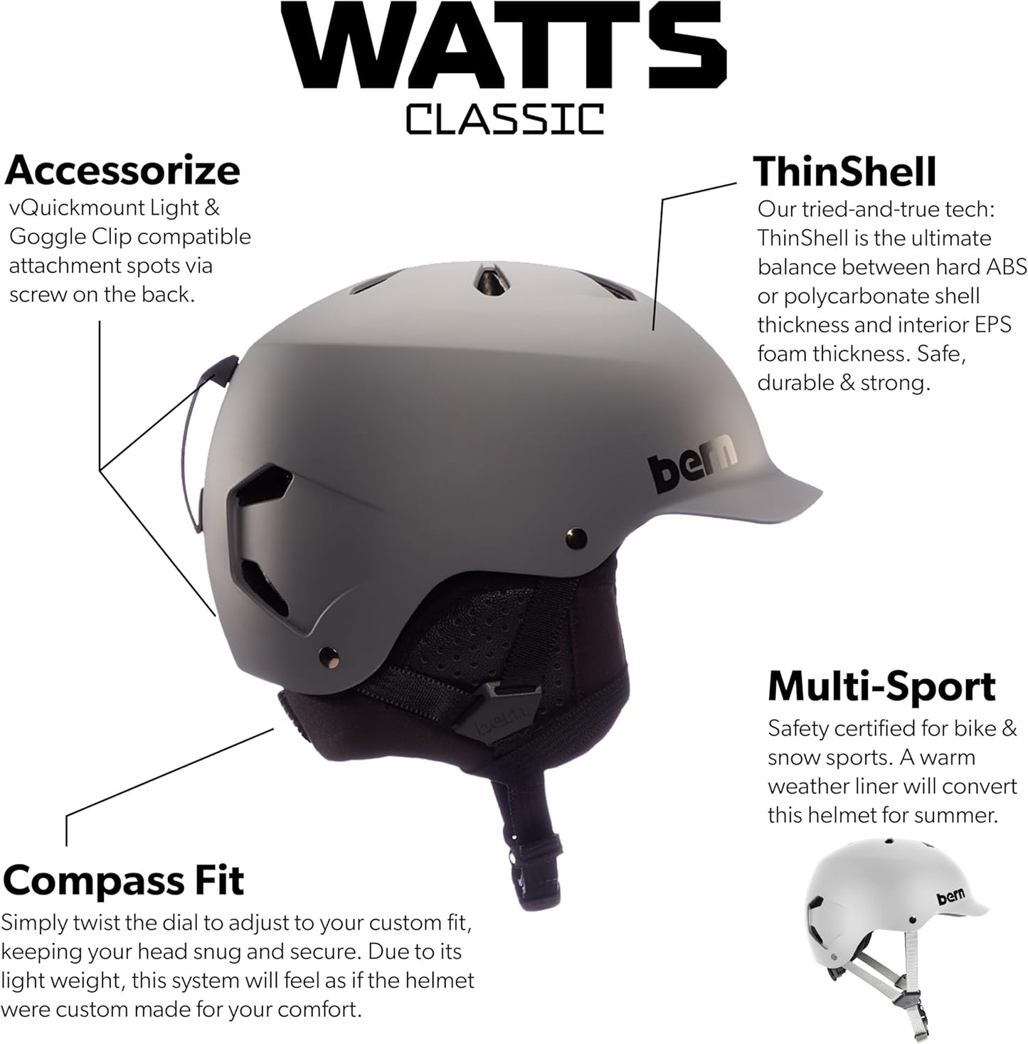 Bern Watts Classic Helmet for Men & Women, Matte Black with Black Liner - Small (Like New)