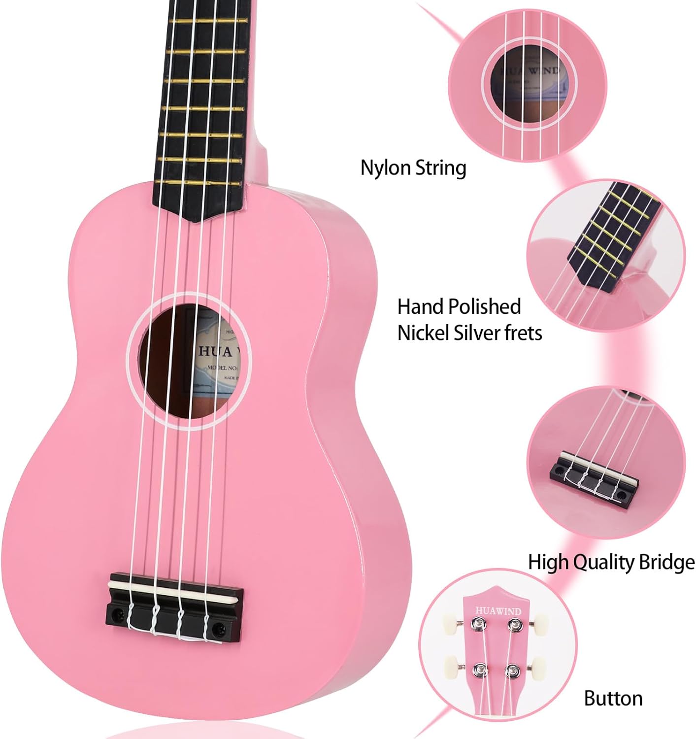 HUAWIND 21-Inch Soprano Ukulele for Beginners with 4-String Basswood, Pink (Used)