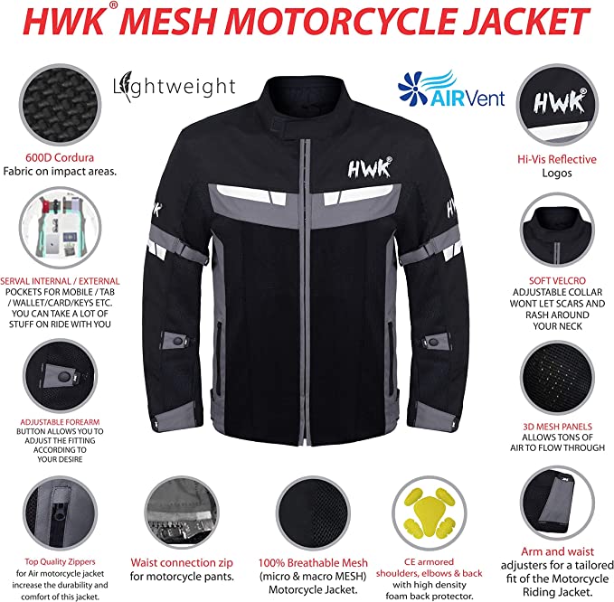HWK Mesh Motorcycle Jacket Riding Air Motorbike Biker CE Armored Breathable- (Like New)