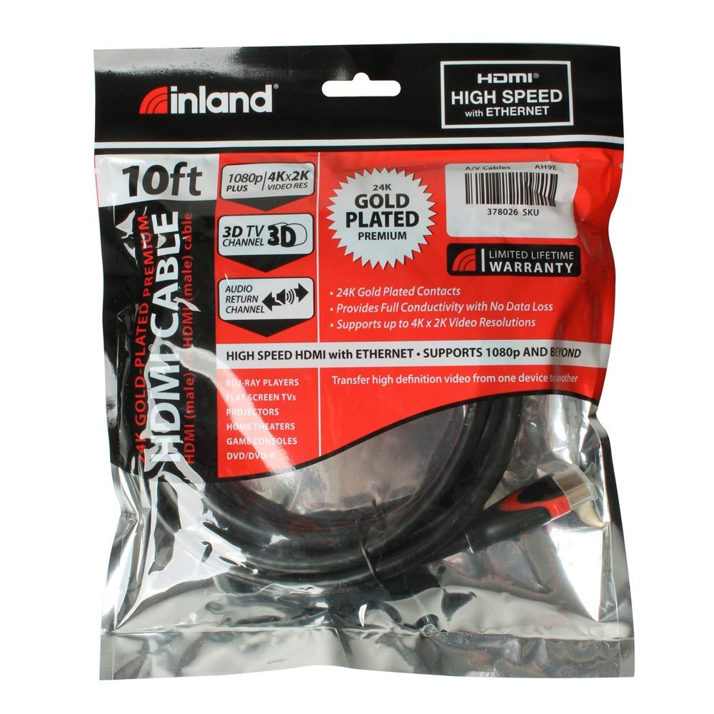 Inland 10' Male-to-Male High Speed HDMI Cable with Ethernet, Up to 4K x 2K Video (Like New)