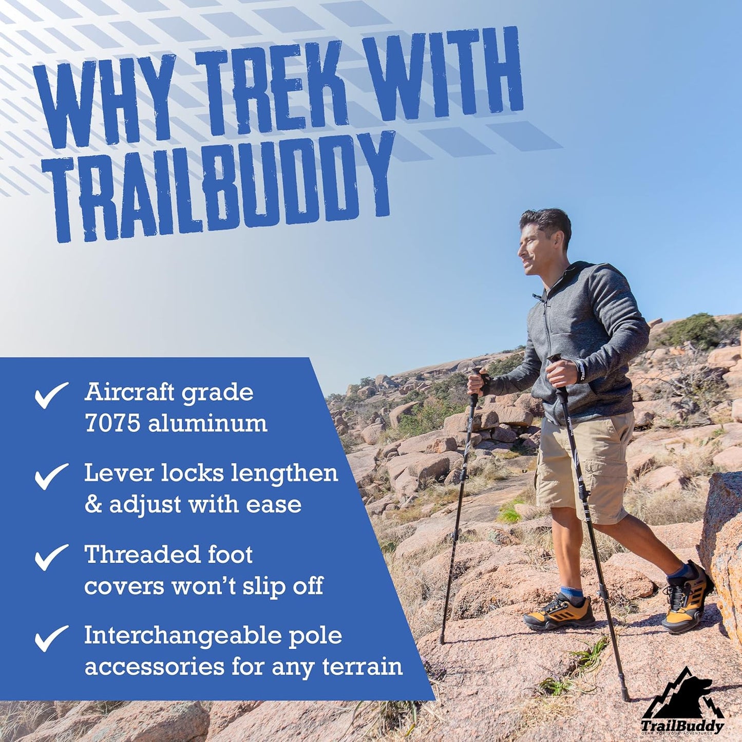 TrailBuddy Adjustable Hiking Poles for Snowshoe & Backpacking, Raven Black ()