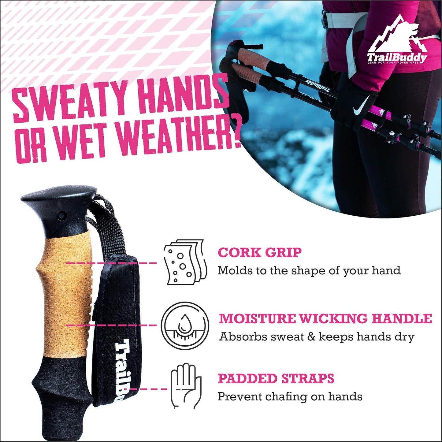 TrailBuddy Adjustable Hiking Poles for Snowshoe & Backpacking, Raven Black ()