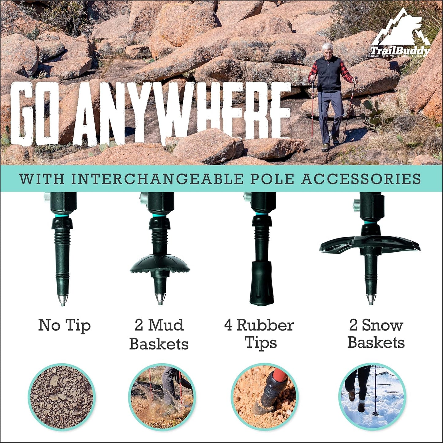TrailBuddy Adjustable Hiking Poles for Snowshoe & Backpacking, Raven Black ()