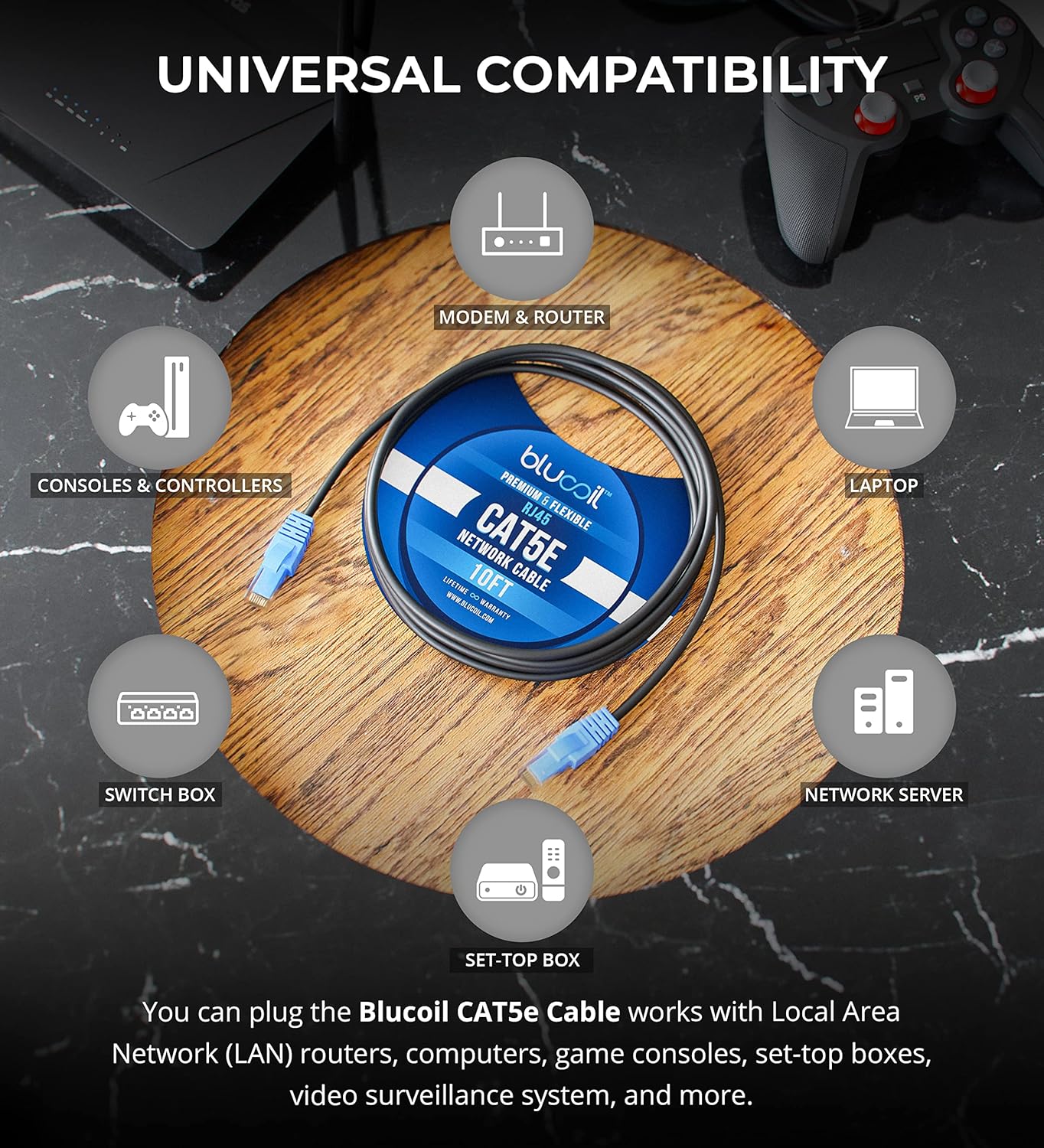 Blucoil 10-FT Premium Cat5e Network Cable with RJ45 Male to Male Connectors (New)