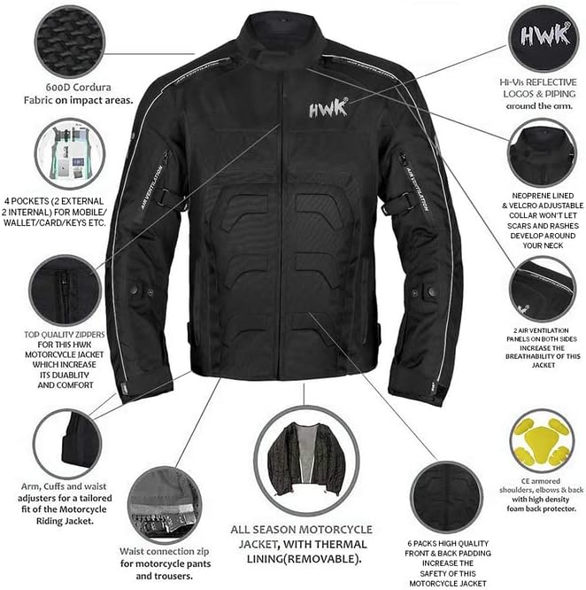 HWK Mens Spyder Motorcycle Jacket w/ Impact Protection, Black, 5XL (Like New)