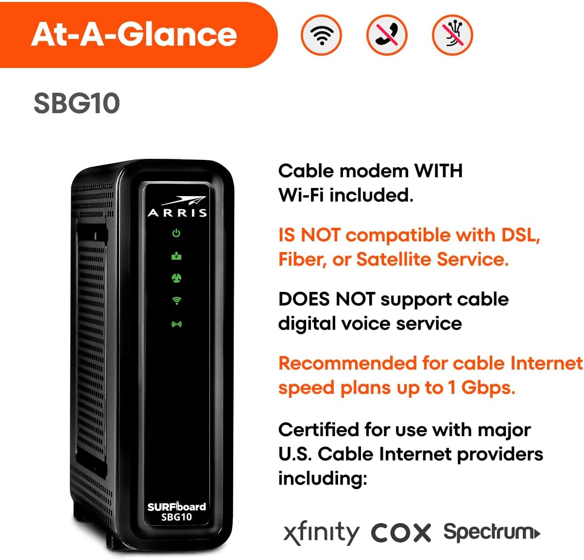 ARRIS Surfboard CommScope Dual-Band Cable Modem for Comcast Xfinity, 20 Volts (Used, No Retail Box)