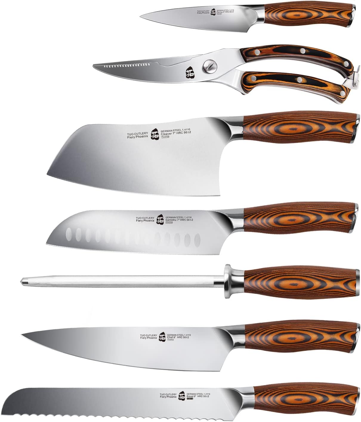 TUO 8pcs Japanese Kitchen Chef Knives Set with Wooden Block - Fiery Phoenix (New)
