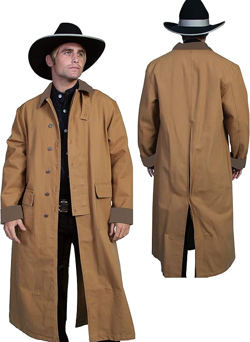 Scully Men's Long Canvas Duster Coat with Metal Button and Collar, Brown - Large (Like New)