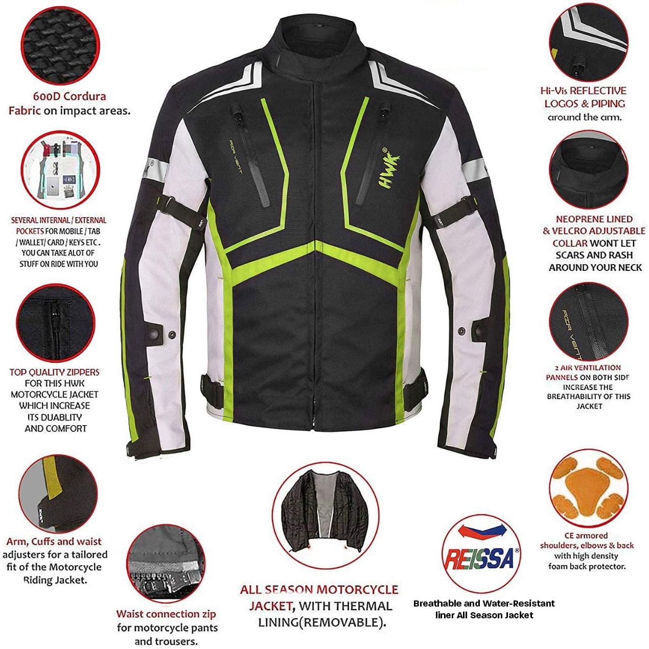 HWK Motorcycle Jacket for Men & Women Scorpion w/ Cordura Fabric, Large - Green (Like New)