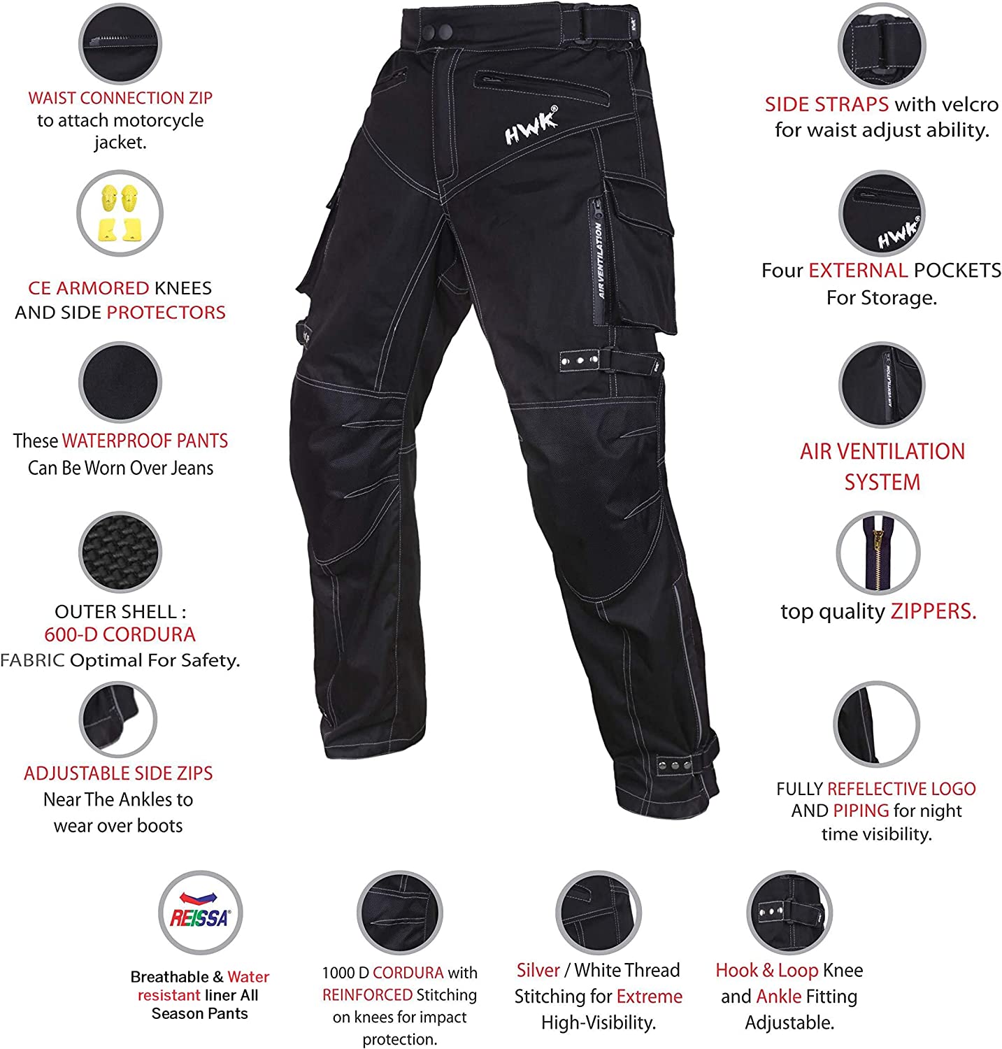 HWK Motorcycle Pants for Men & Women with Cordura Fabric, 30W x 30L - Black (Used)