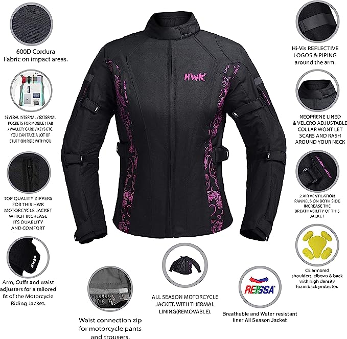 HWK Adventure/Touring Motorcycle Jacket for Women w/CE Armor, XL - Black/Pink (Used)