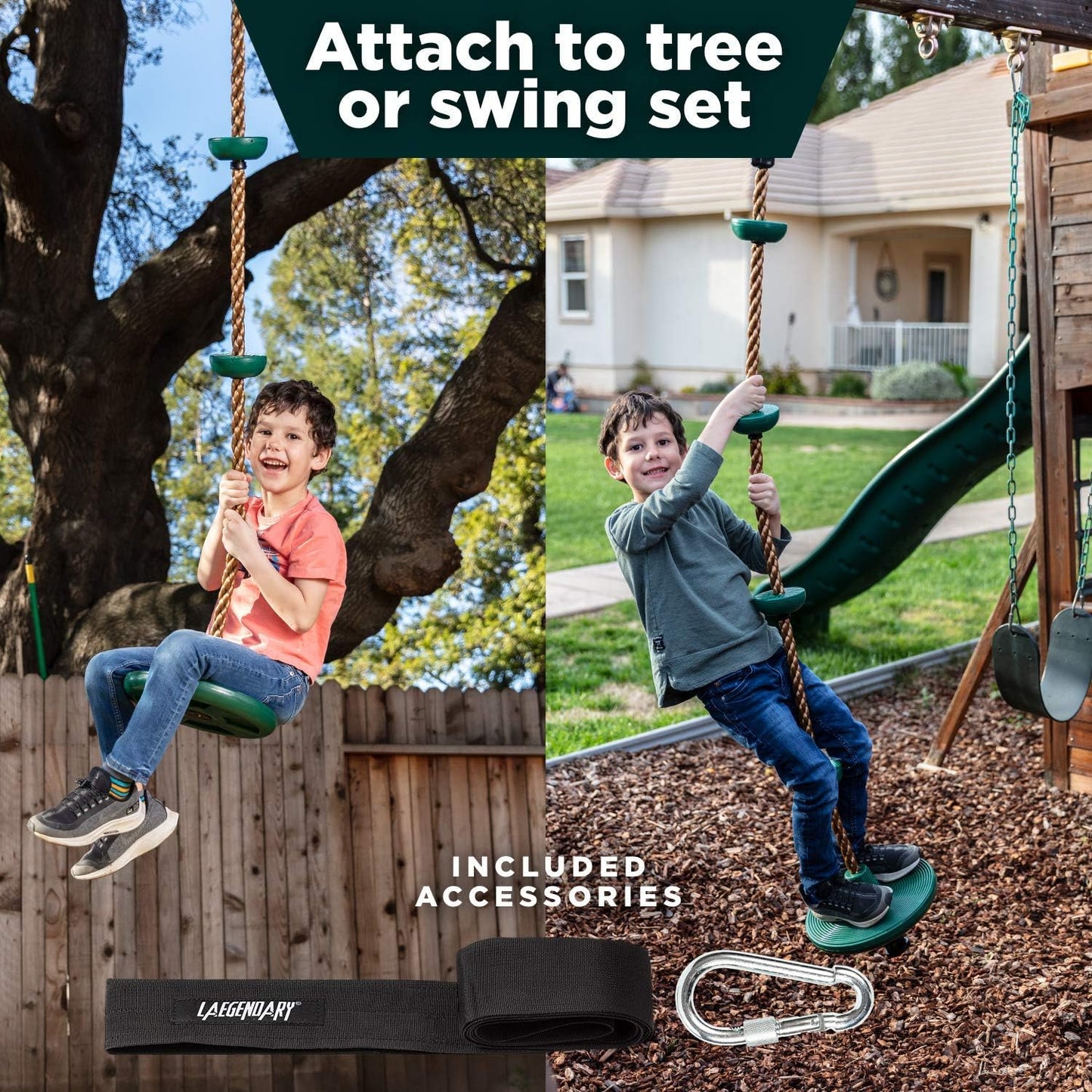 Laegendary Climbing Rope Tree Swing with Platforms and Disc Swings Seat, Green- (Used)