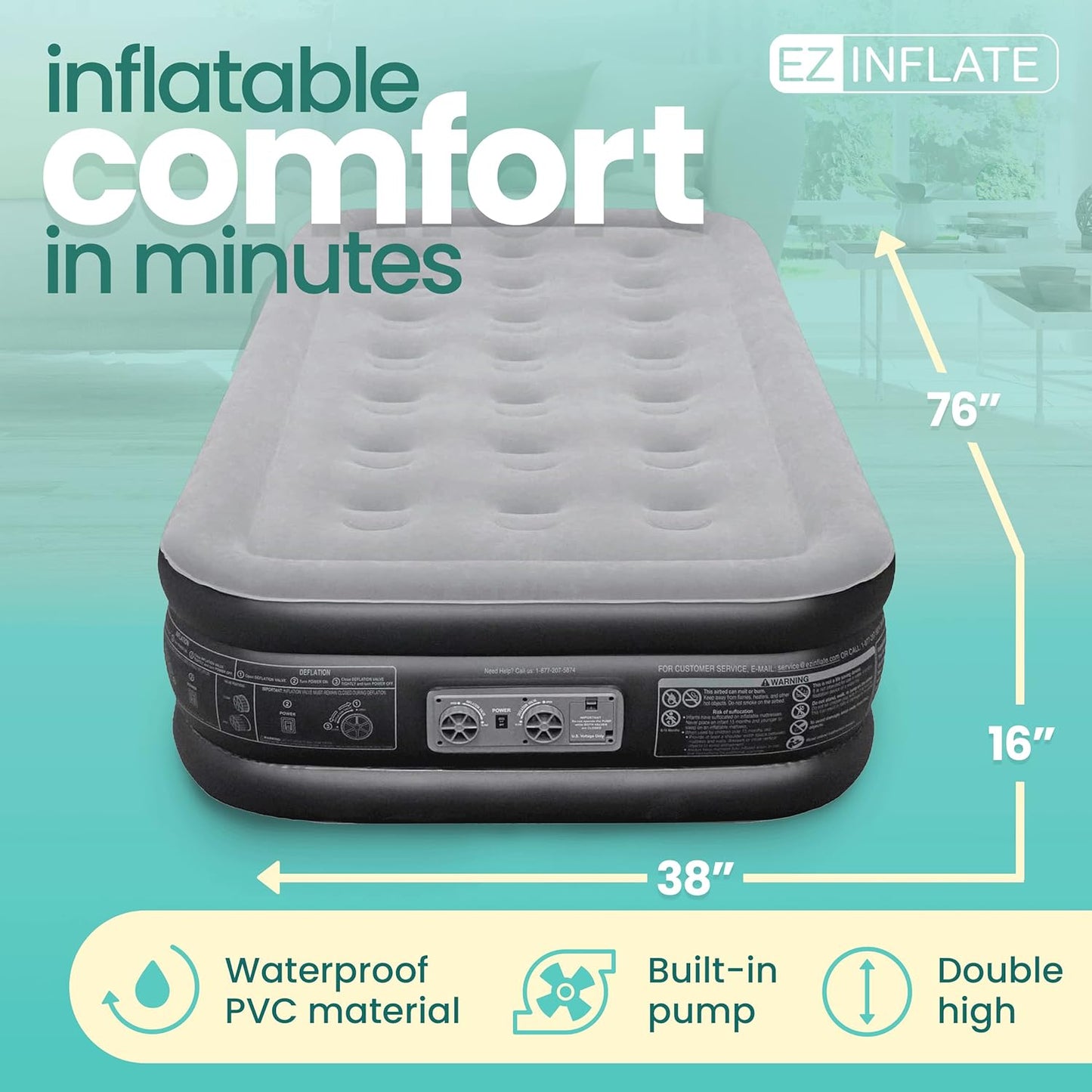 EZ INFLATE Portable Blow Up Double-High Inflatable Mattress for Travel/Home (Like New)