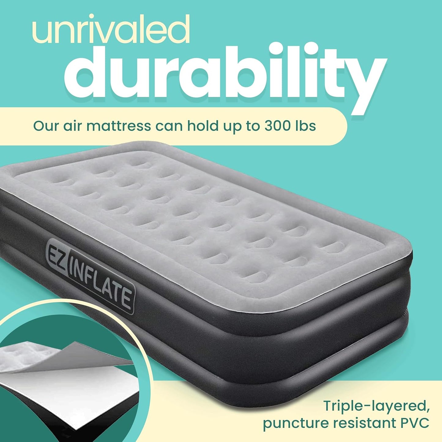 EZ INFLATE Portable Blow Up Double-High Inflatable Mattress for Travel/Home (Like New)