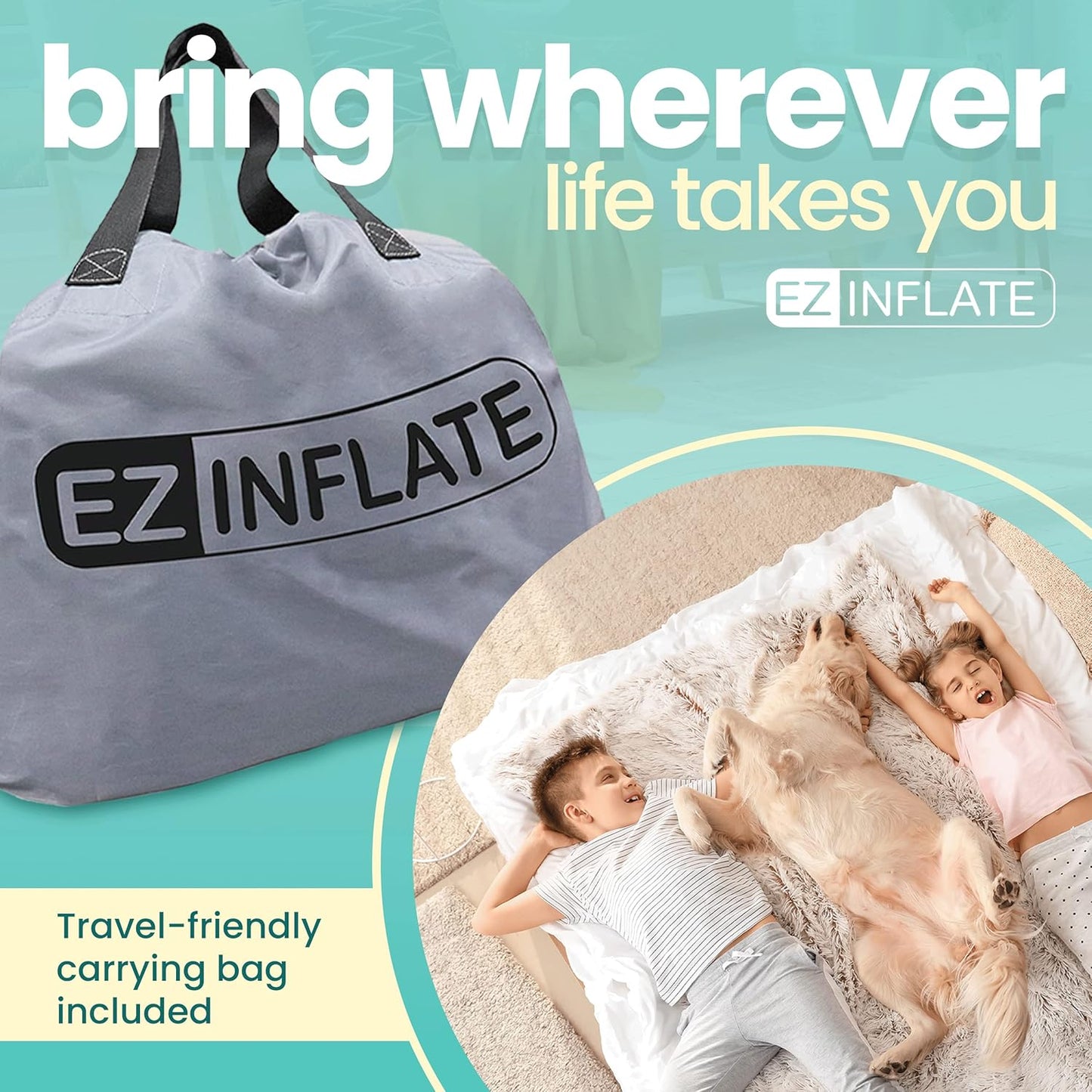 EZ INFLATE Portable Blow Up Double-High Inflatable Mattress for Travel/Home (Like New)
