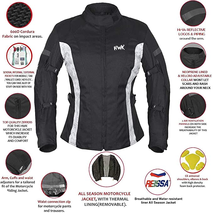 HWK Touring Motorcycle Jacket for Women, Large - Black/White (Like New)