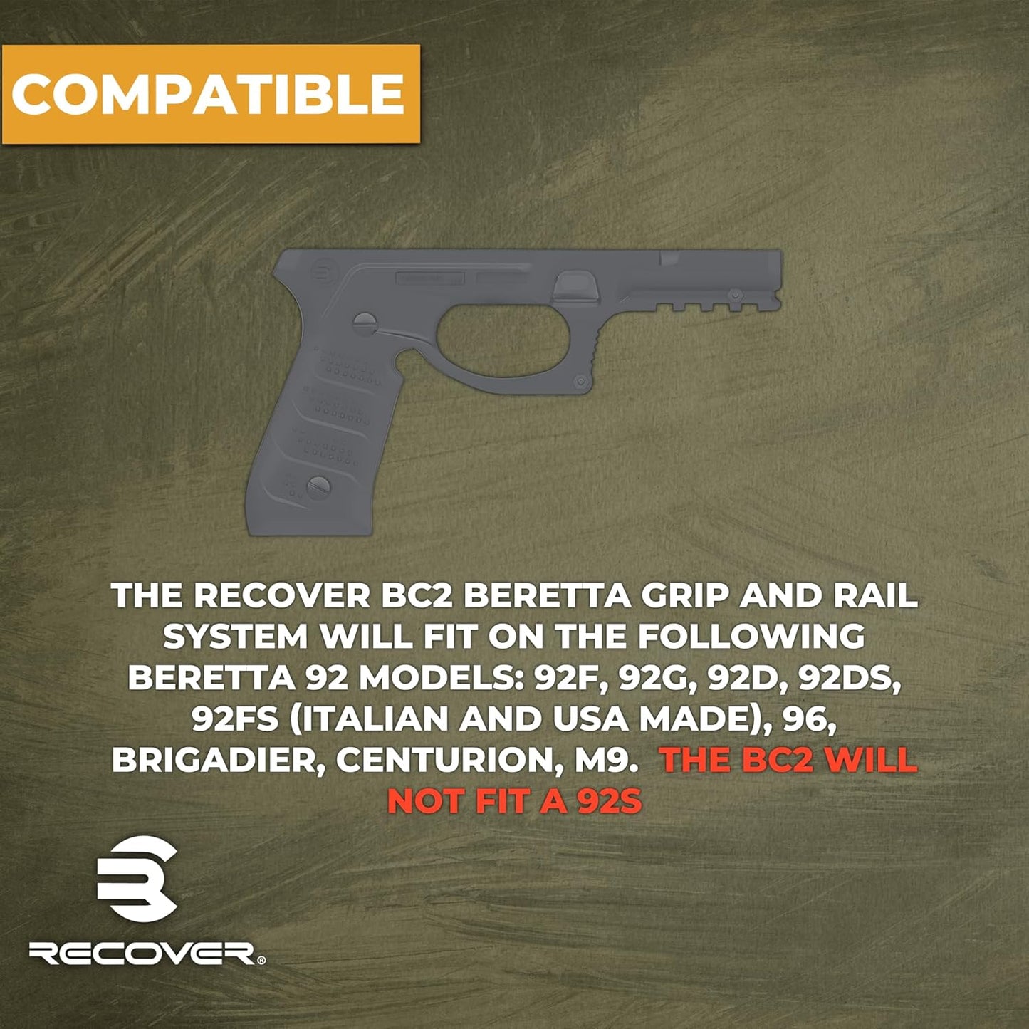 Recover Tactical BC2 Grip & Rail System Beretta 92/M9 Polymer � Phantom Grey (Like New)