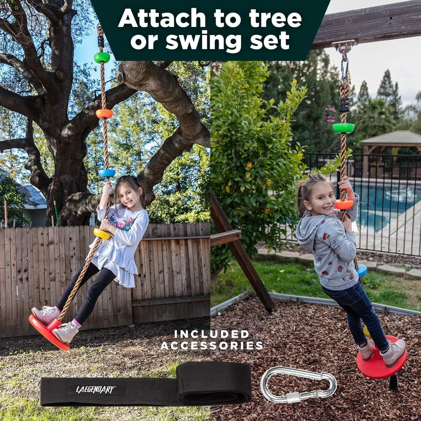 Laegendary Tree Swing for Kids Single Disk Outdoor Climbing Rope, Multicolored (Like New, No Retail Box)