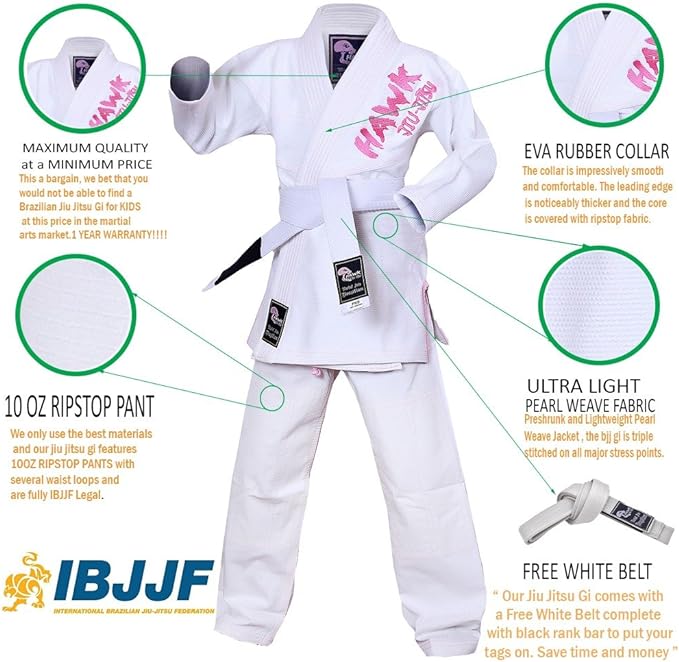 Hawk Jiu Jitsu Kids Brazilian Jiu Jitsu Gi with White Belt, K000 - Girls White (Used)