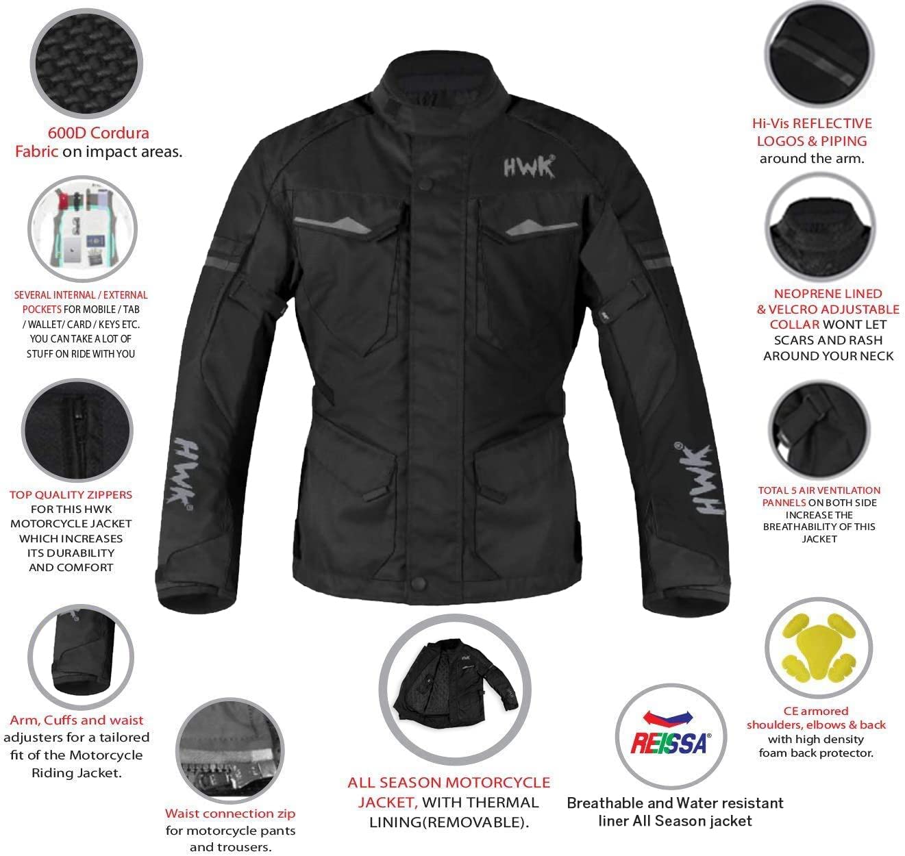HWK Motorcycle Jacket for Men Adventure with Cordura Fabric, Small - Black (Used)