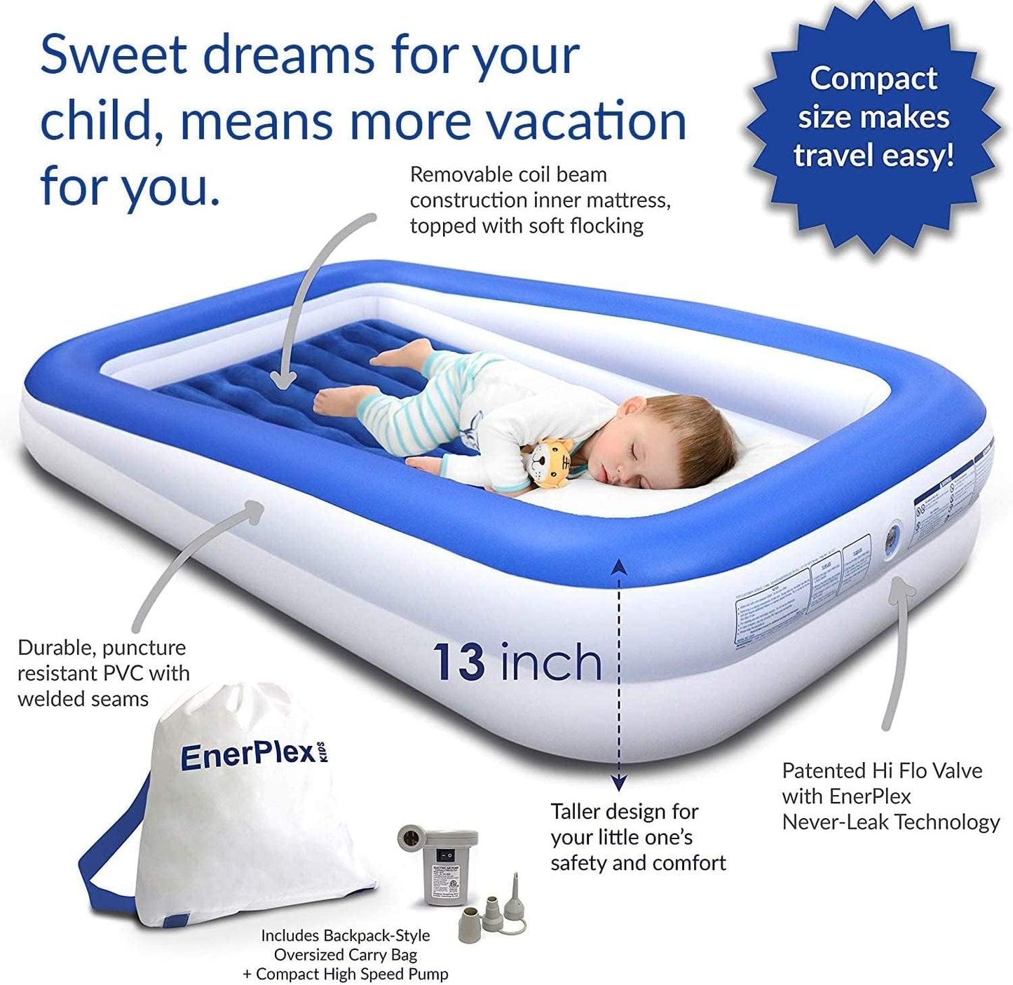 EnerPlex Kids Inflatable Portable Blow up Travel Bed with High Speed Pump (New)