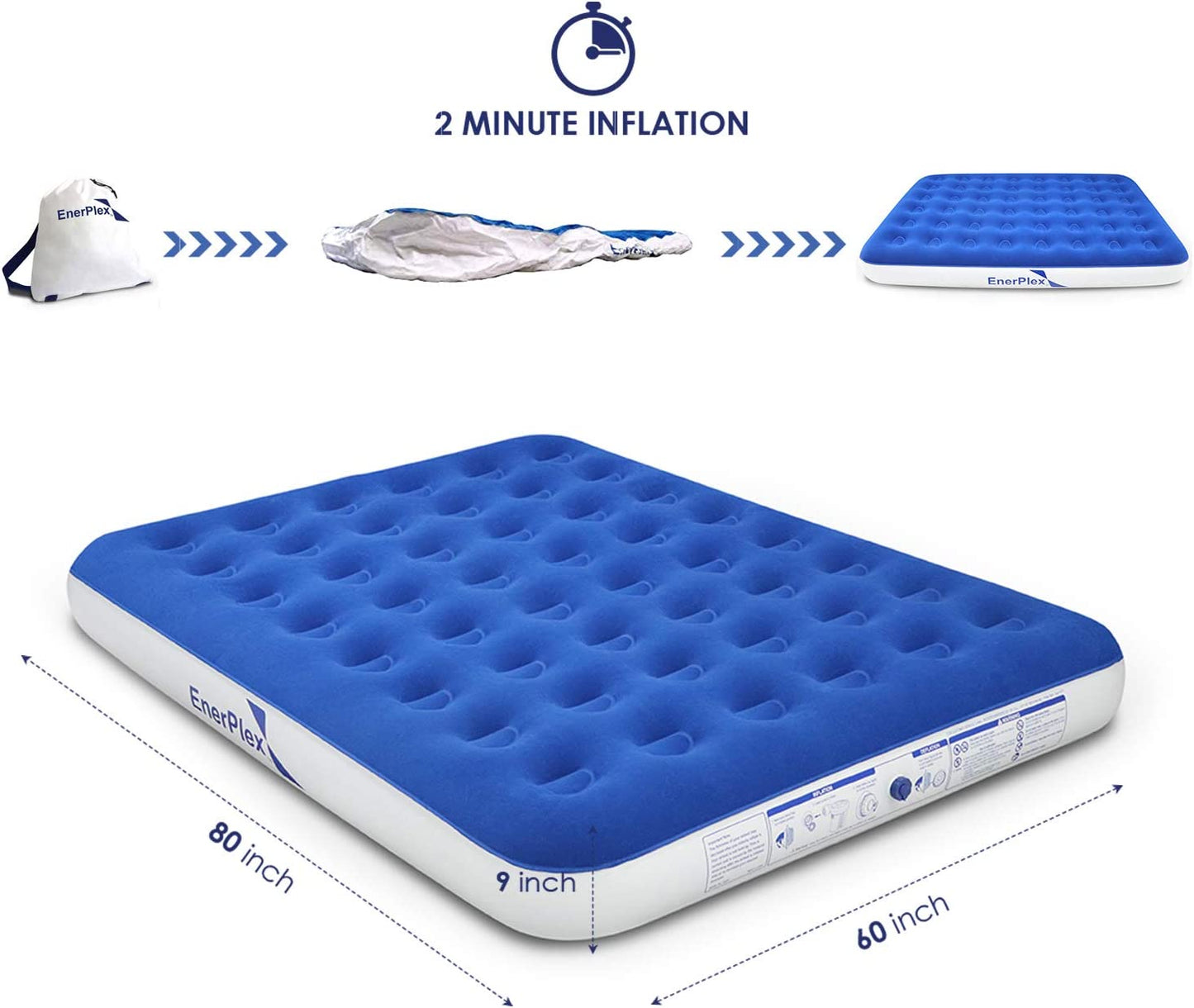 EnerPlex Camping Air Mattress with Built in High Speed Pump, Queen - Blue/White (Like New)