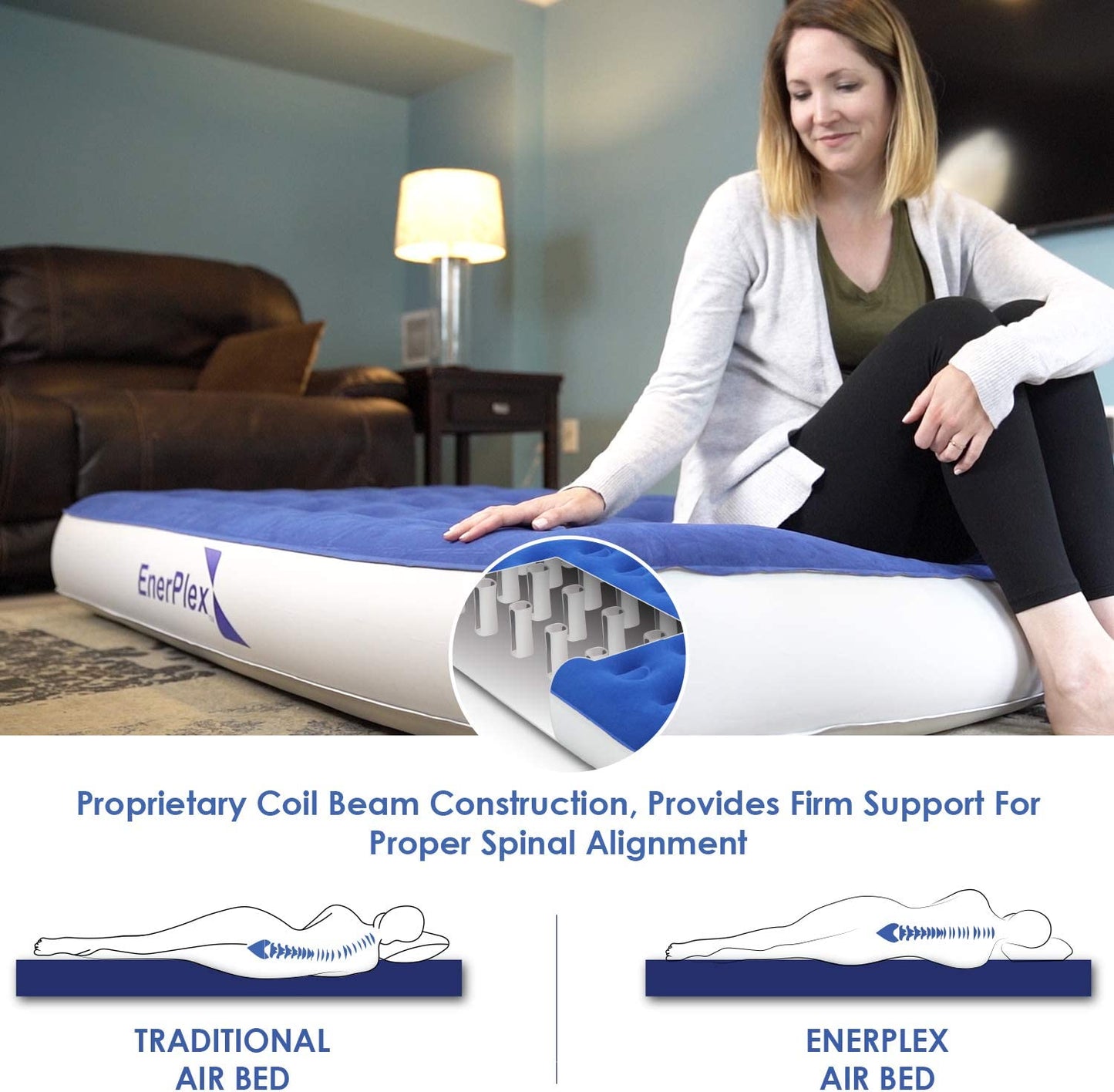 EnerPlex Camping Air Mattress with Built in High Speed Pump, Queen - Blue/White (Like New)
