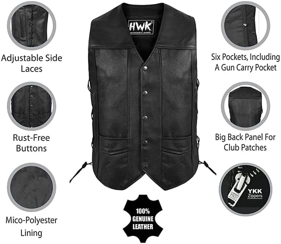 HWK Leather Motorcycle Vest for Men and Women with Gun Pocket, 2XL - Black (Like New)