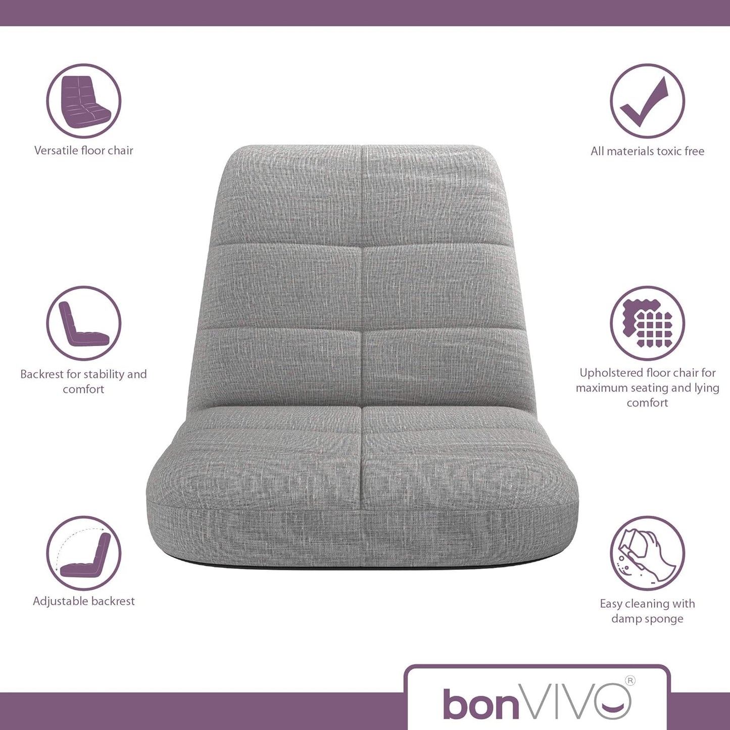 BonVIVO Easy Lounge Adjustable Floor Chair with Padded Folding Seat - Grey- (Used)