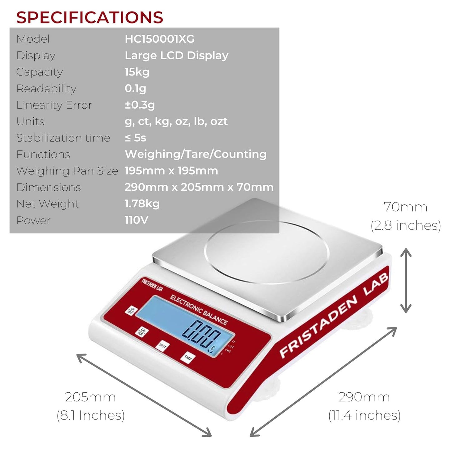 Fristaden Lab Analytical Precision Balance, 15kg x 0.1g - Stainless Steel- (Used, No Retail Box)