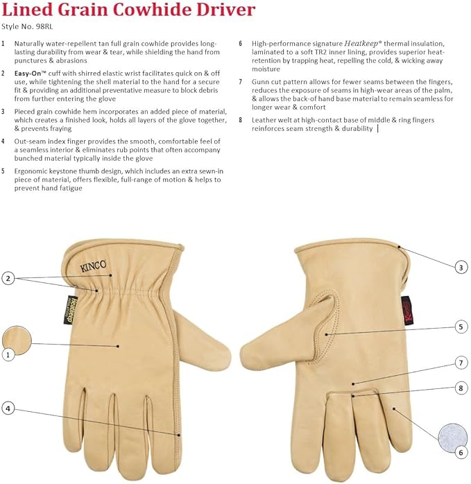 Kinco 98RL-XL Lined Grain Cowhide Leather Gloves, Uses for All Purpose, XX-Large (Like New)