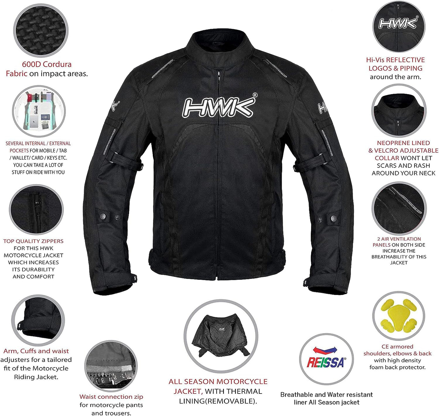 HWK Men's Riding Textile Racing Motorbike Jacket with CE Armor, 3XL - Black (Like New)