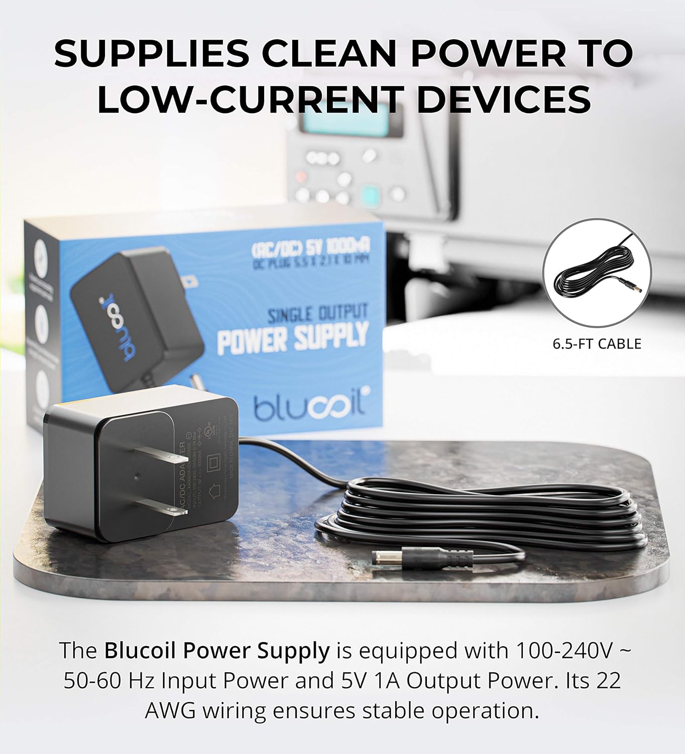 Blucoil 5V 1A Power Supply with US Plug AC Adapter Center Positive, 6.5-FT Cable (New)