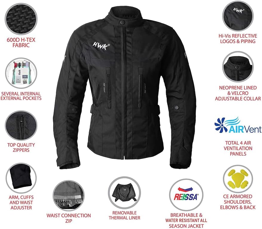 HWK Stella Stunt Motorcycle Jacket with CE Armor for Women, Large - All-Black- (Like New)